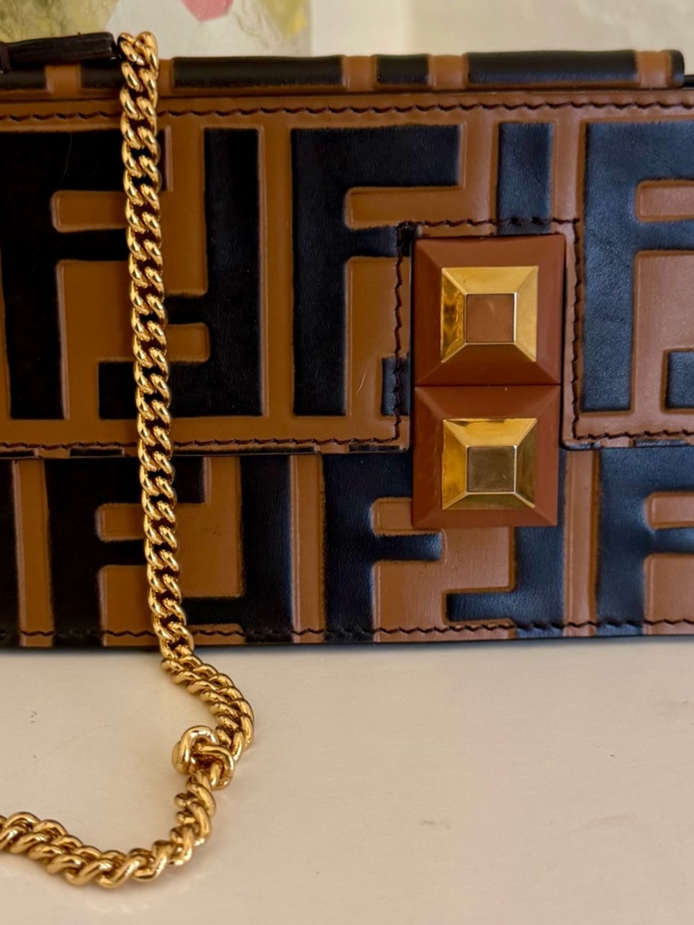Fendi Brown Black Zucca Leather Bag  iPhone Case Bag Gold Strap X/XS & More - Picture 10 of 15